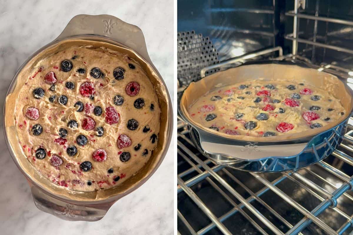 Place the lemon-blueberry, raspberry cake in the oven.