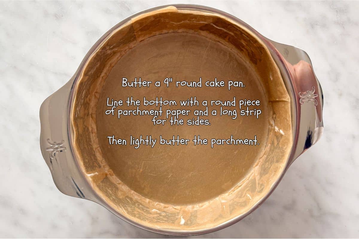 This shows how to butter and line a round baker's pan with parchment paper for baking a cake.