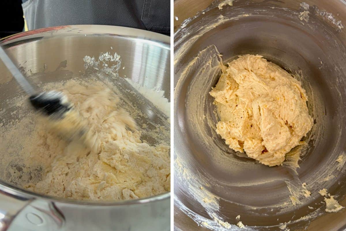 Gently fold in the dry cake ingredients into the wet ingredients.