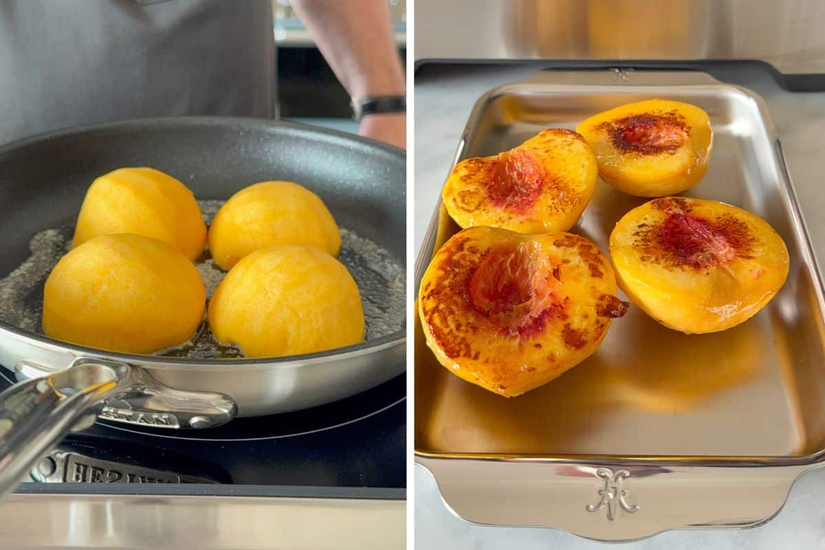 In a pan with heated butter, place the peach halves cut side down on the pan to caramelize.
