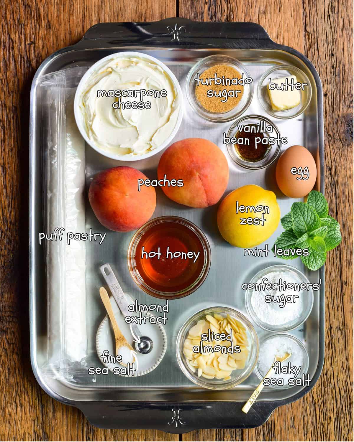 Ingredients for a Hot Honey Peach Puff Pastry with Mascarpone recipe.