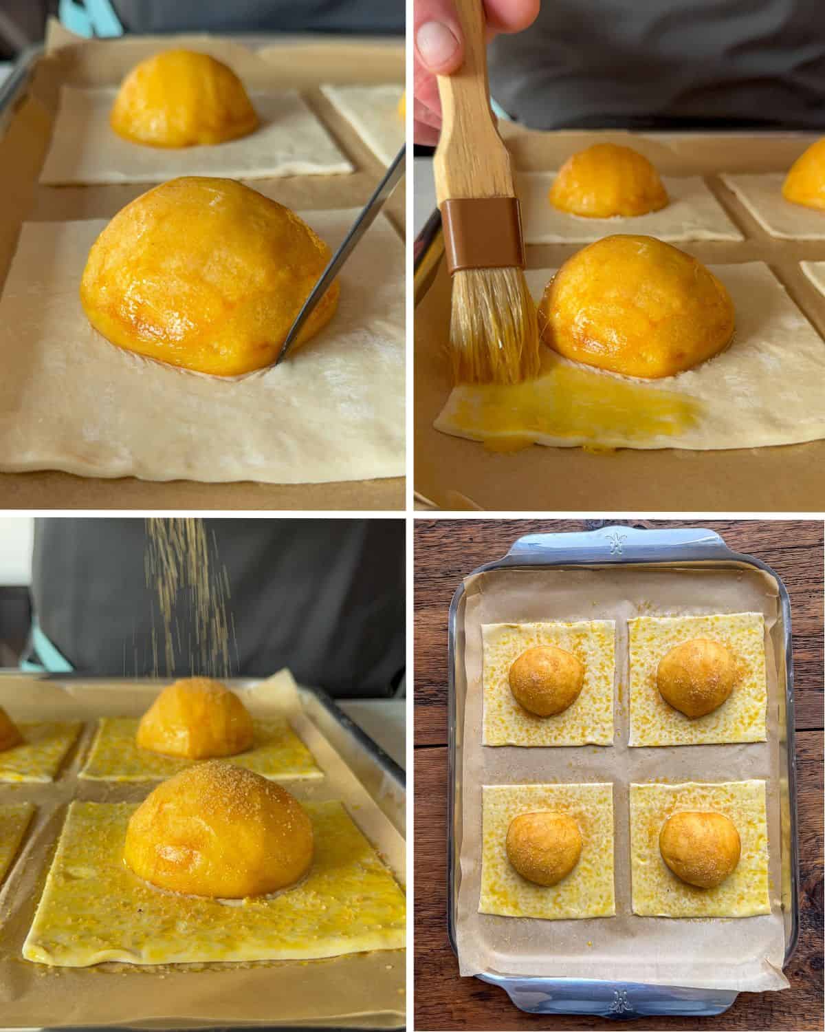 Place each peach half on a puff pastry square, score around the peach, egg wash the puff pastry and sprinkle with turbinado sugar.
