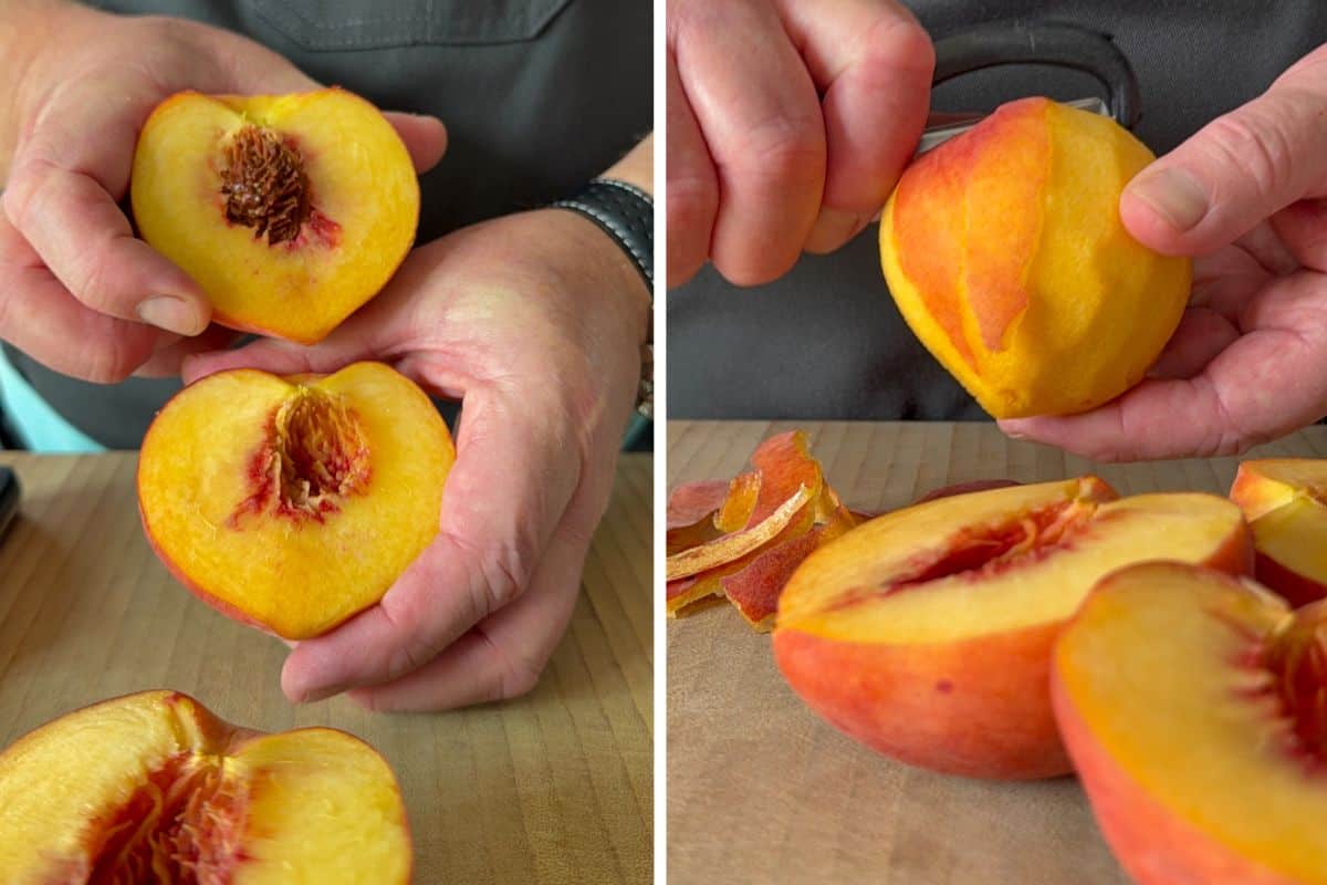 Halve and peel the peaches for the puff pastry tarts.