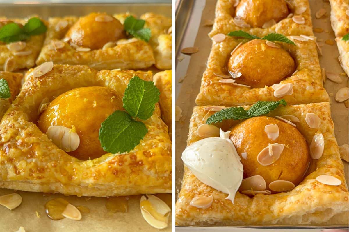 Top the peach puff pastry with toasted almonds, hot honey, mascarpone and mint.
