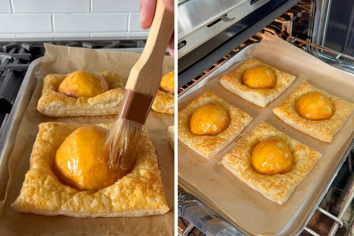 Glaze the peach with warm hot honey and melted butter, then bake the puff pastry for another 2 minutes.