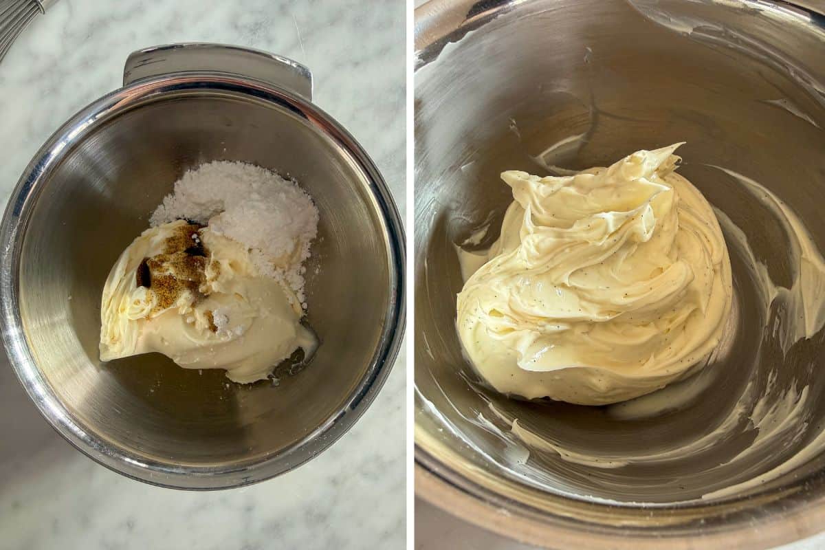 Gently mix and fold the mascarpone cream ingredients in a bowl. Refrigerate once mixed.