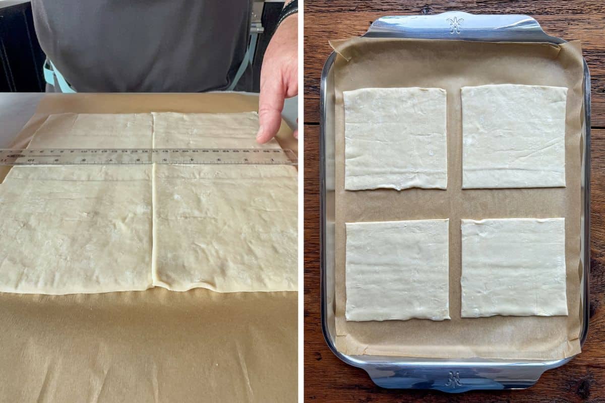 Cut the puff pastry into four equal squares.