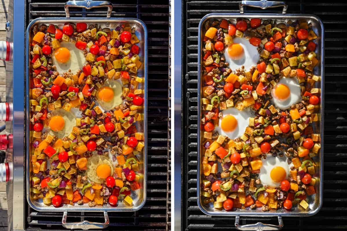 Mix the potatoes in with the sausage and vegetables. Spread the hash into an even layer, then use your spatula to create four wells in the mixture. Crack one egg into each well to cook.
