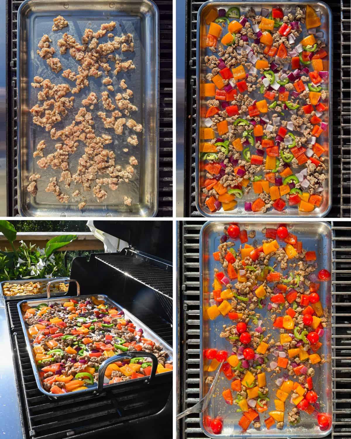Cook the sausage meat on the griddle first, then add the vegetables to cook.