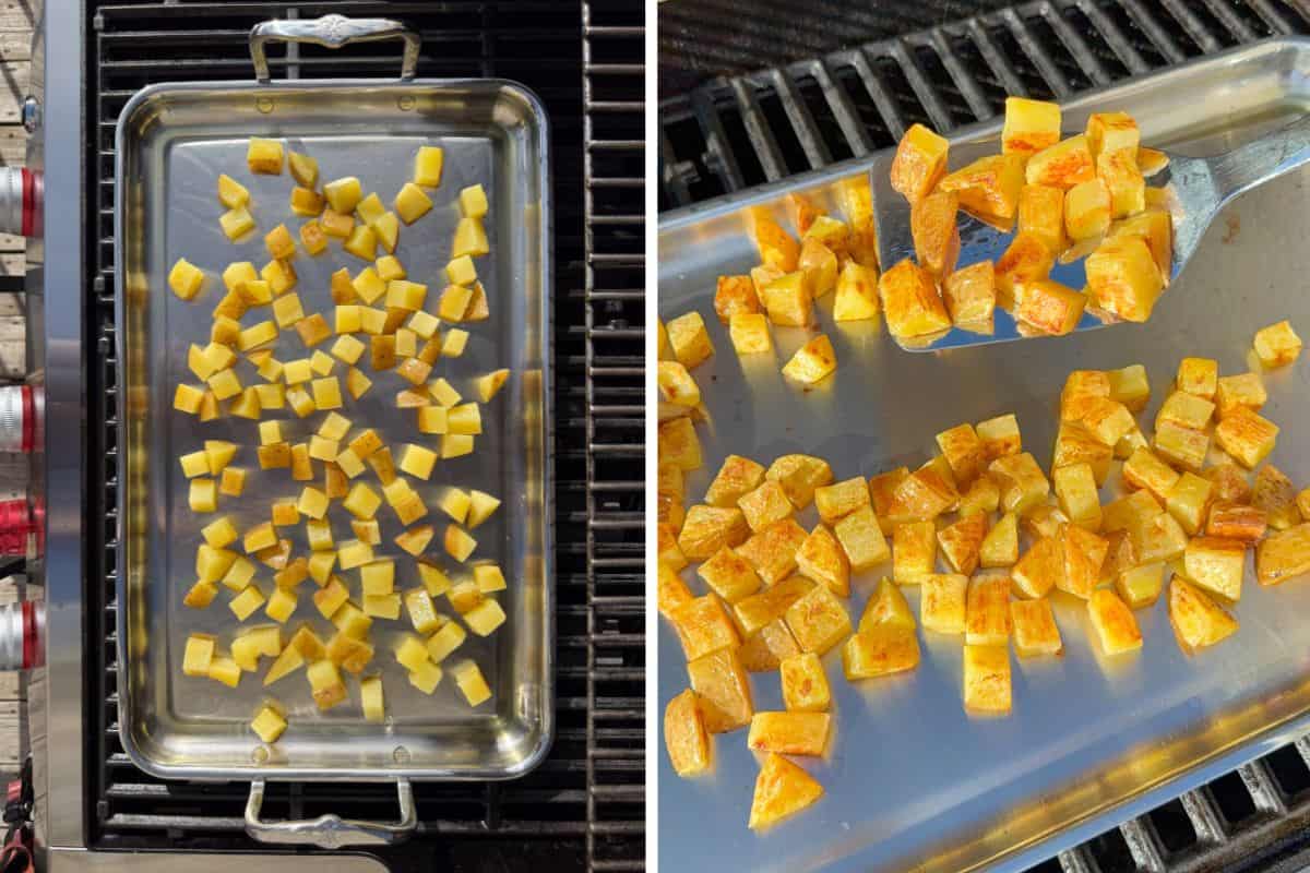 Crisp up the potatoes on the griddle for the breakfast hash.
