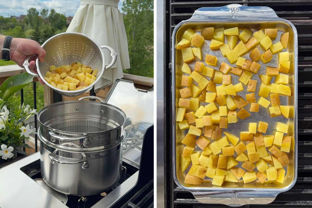 Boil the potatoes and place them on a sheet pan.