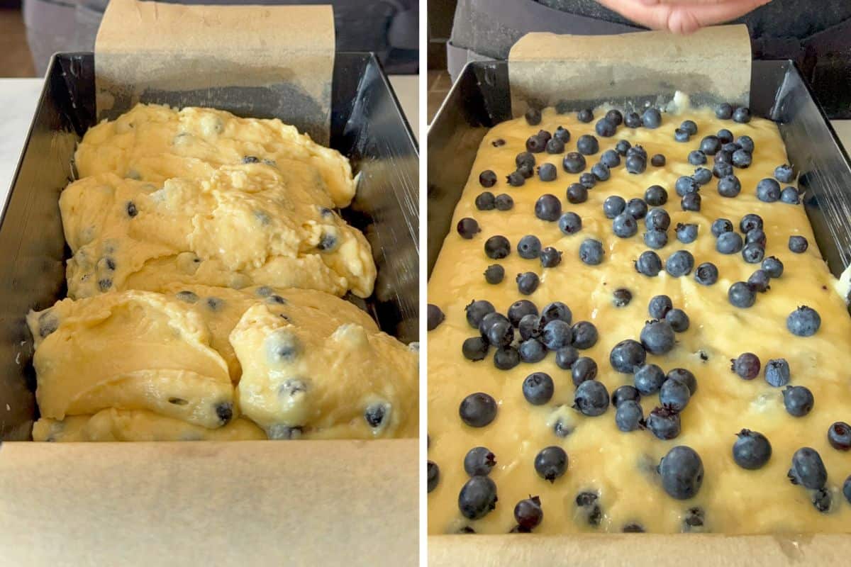 Gently transfer the batter into the prepared pan and level the top with a spatula. Scatter the reserved blueberries over the top.