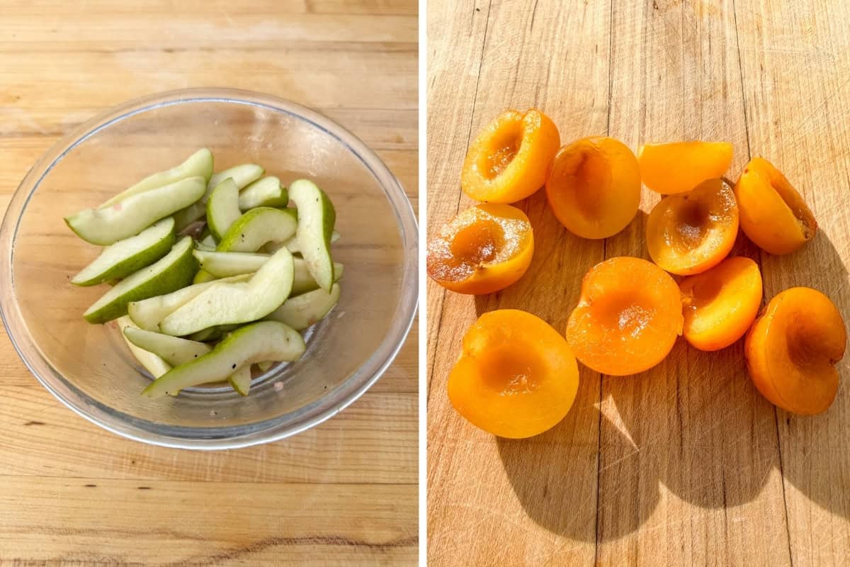 Slice and add dressing to the pears in a bowl. Slice the small plums in half.