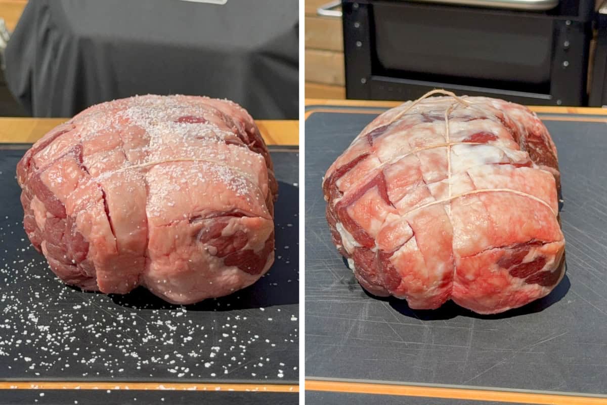 Score the boneless leg of lamb, tie it with twine, and brine it overnight with salt.