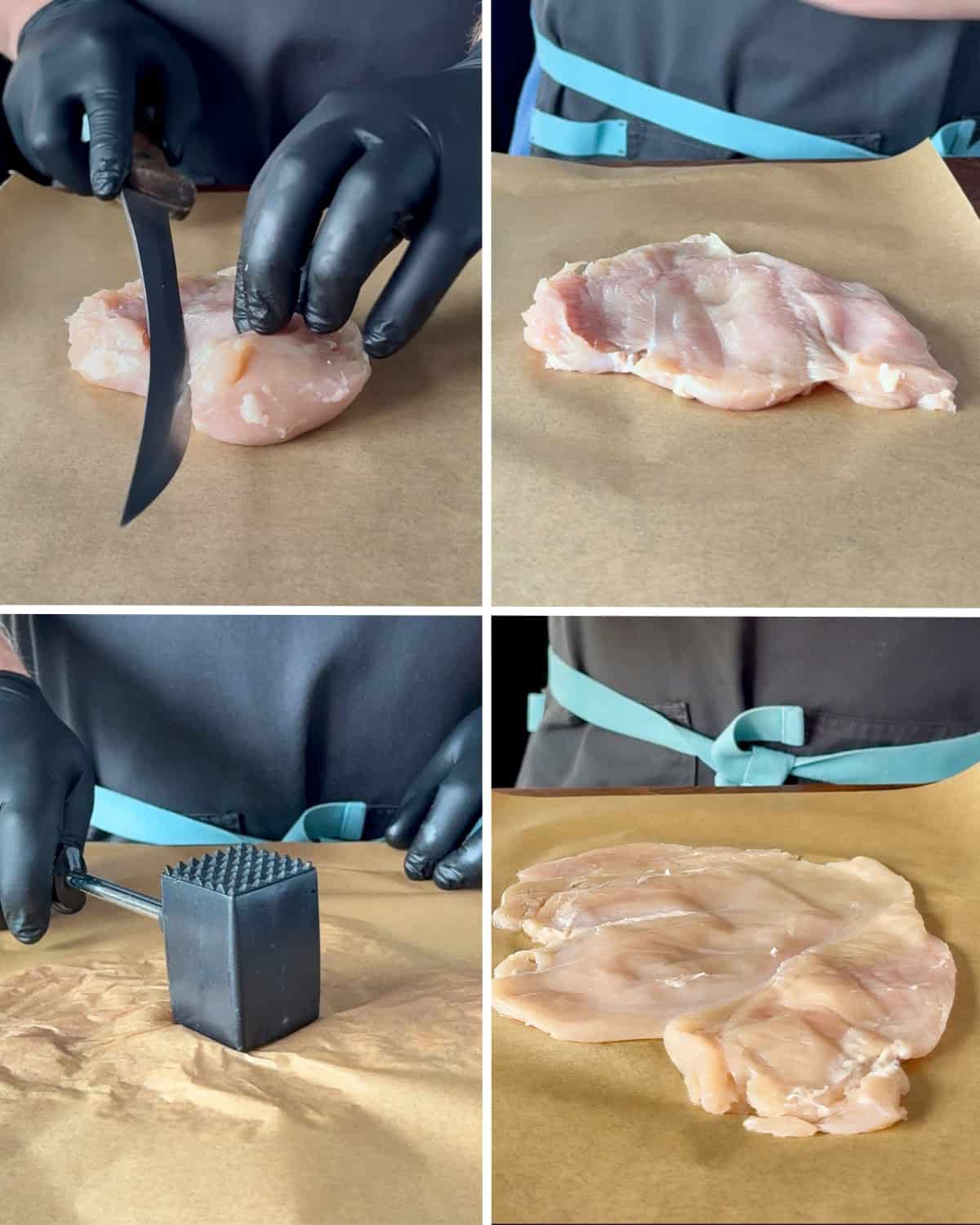Slice open the chicken breast like a book, then cover with parchment paper and pound until thin.