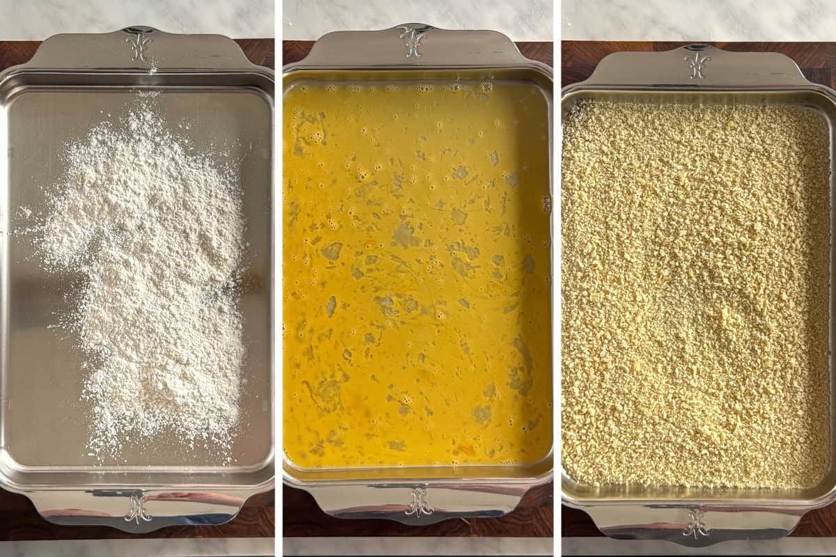 Set up a breading station for the chicken Milanese. One tray with flour and seasoning, one with egg and water and the third one with panko.