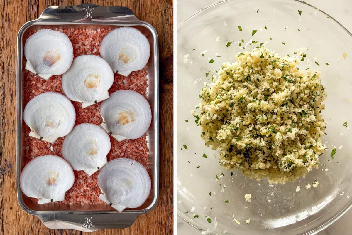 French Scallops prep. Place a layer of pink sea salt on the bottom of a tray. Nestle the oyster shells in the salt so that they sit upright. Blend the Gruyère Crumb mixture in a bowl.