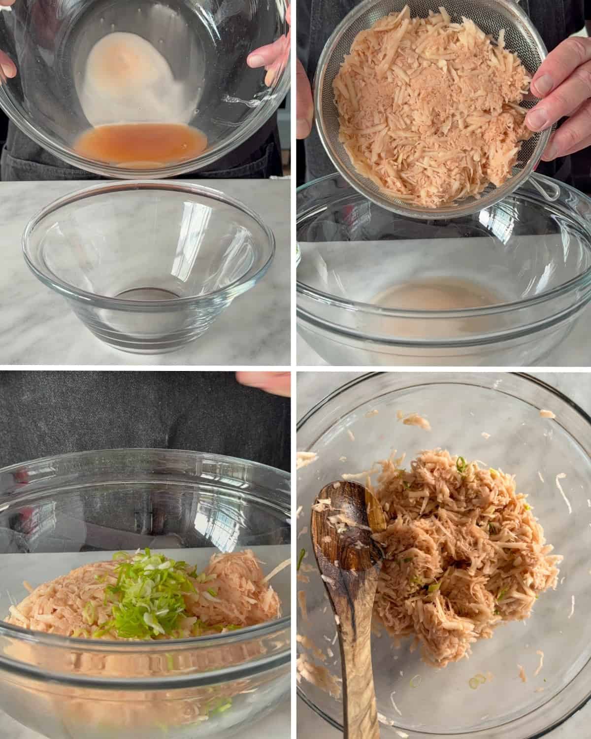 Recover the potato starch and mix it back into the grated potatoes. Mix to form Korean Gamja-Jeon Potato Pancakes.