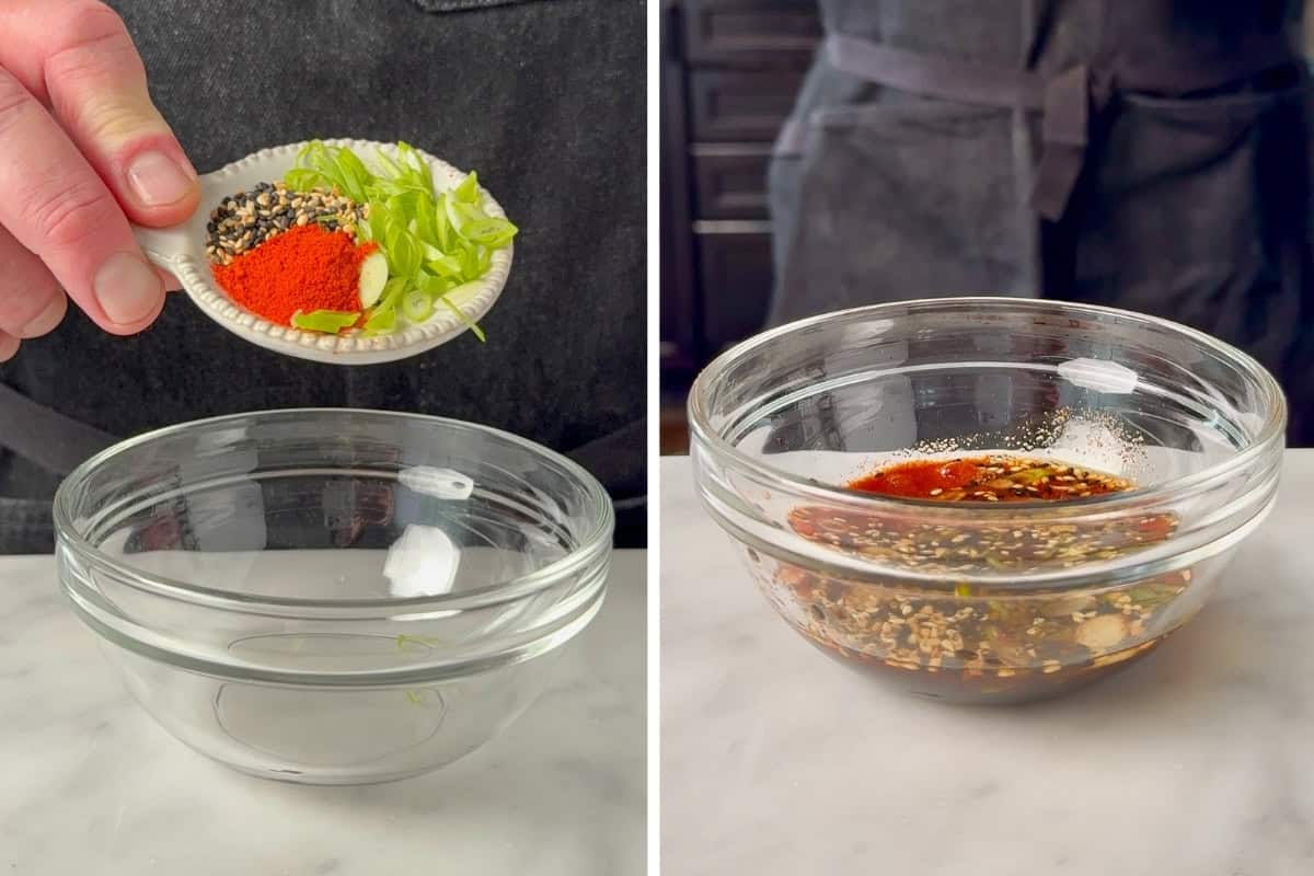 Prepare the dipping sauce in a small bowl. Stir together the soy sauce, rice vinegar, water, red pepper powder, sliced chili, scallion, and toasted sesame seeds.