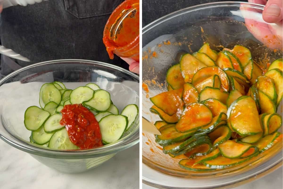 Toss the cucumbers with the prepared salad dressing.