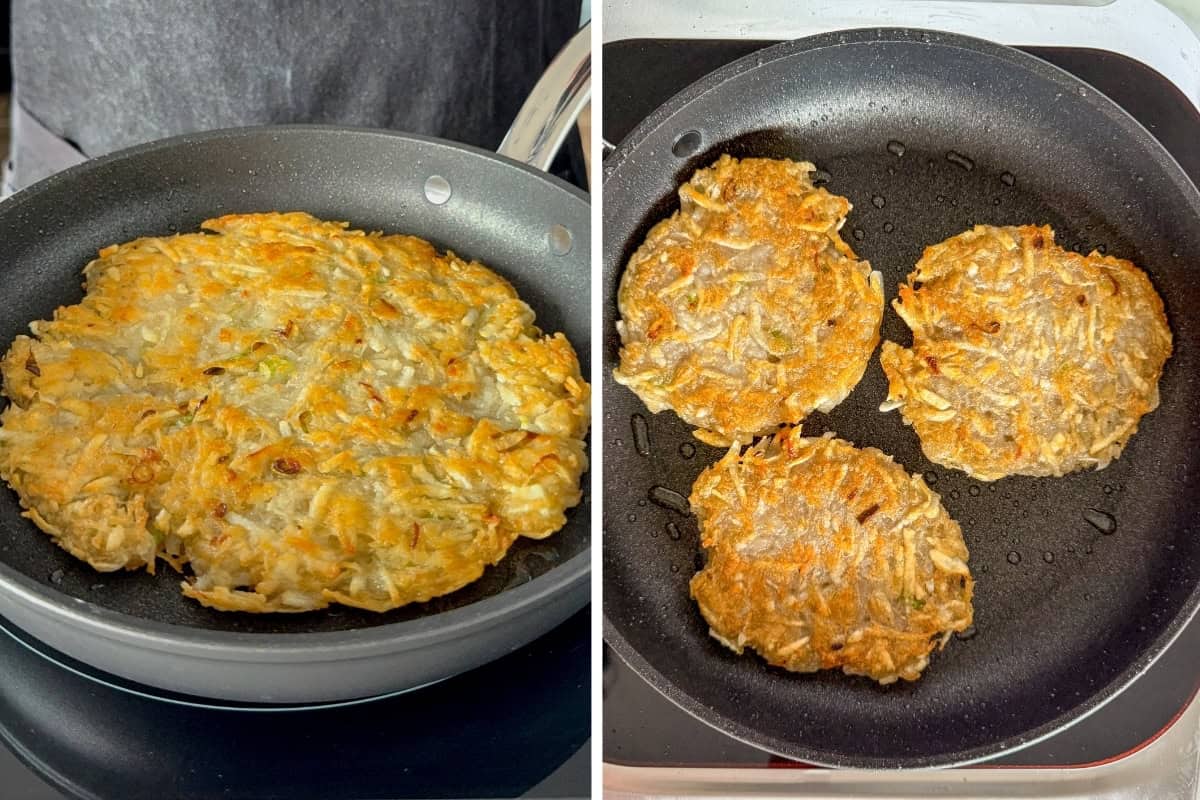 Two skillets: one has a large golden potato pancake; the other has three golden
Korean Gamja-Jeon Potato Pancakes.