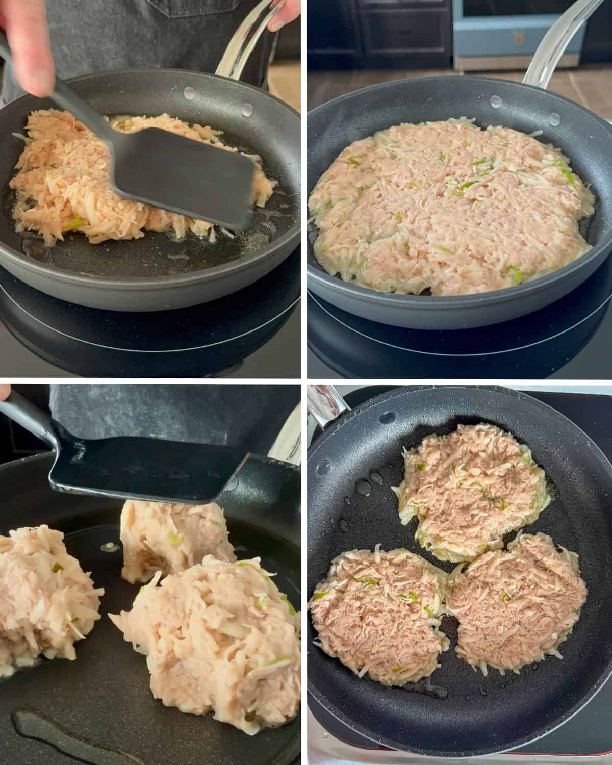 For 2 Large Korean Gamja-Jeon Potato Pancakes: Add half of the potato mixture to the skillet. Immediately press and spread it into a thin, uniform disk approximately 8 to 9 inches in diameter and under ¼ inch thick. For 6 to 8 Small Pancakes: Spoon 2 to 3 tablespoons of the potato mixture per pancake into the hot skillet, gently flattening each into a 3-inch disk (cook in batches of 3 or 4 to avoid overcrowding.