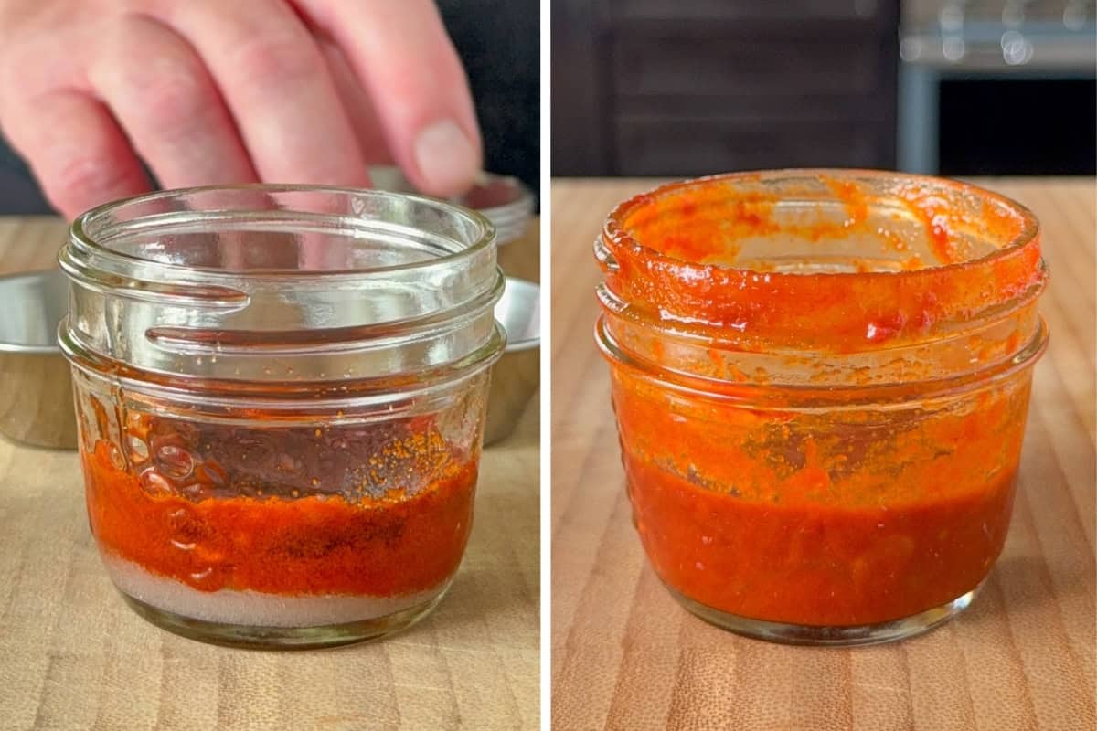 In a small jar, add the Korean red pepper powder, rice vinegar, soy sauce, sugar, sesame oil, and grated garlic, close the lid and shake to combine.