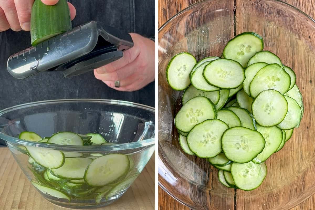 Slice the cucumbers thinly into a bowl using a mandolin.