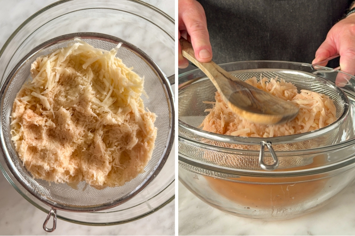 Transfer the grated potatoes to a fine-mesh strainer set over a clear glass bowl. Press firmly on the pulp with the back of a spoon or silicone spatula to release freely draining liquid.