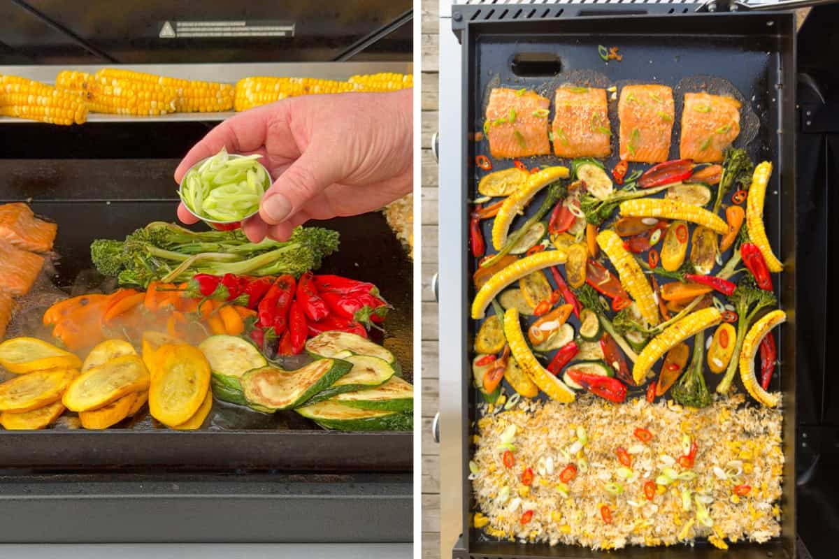 The first photo shows all the griddled vegetables (excluding the corn ribs) on the griddle, tossed with lime juice, toasted sesame oil, sliced scallions, and toasted sesame seeds. The second photo is a top-down image of the griddle. Four pieces of steelhead trout, a veggie medley and rice.
