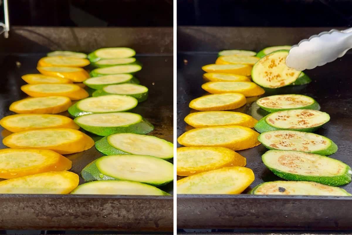 Yellow and green zucchini slices are being turned onto the other side that has a nice char.