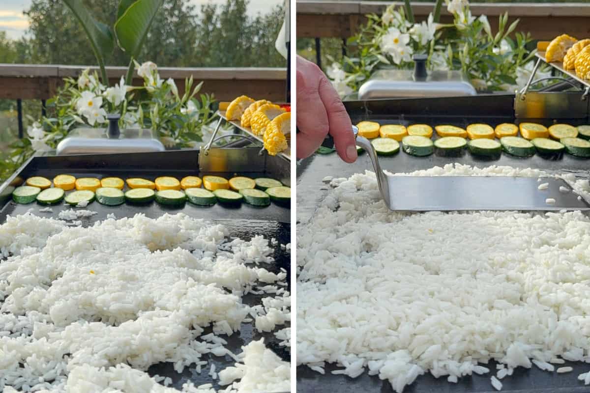 Lay out the chilled rice in a flat layer on the griddle using a large spatula.