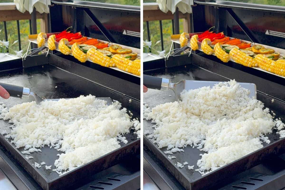Use one or two griddle spatulas to flip the rice in broad sections.
