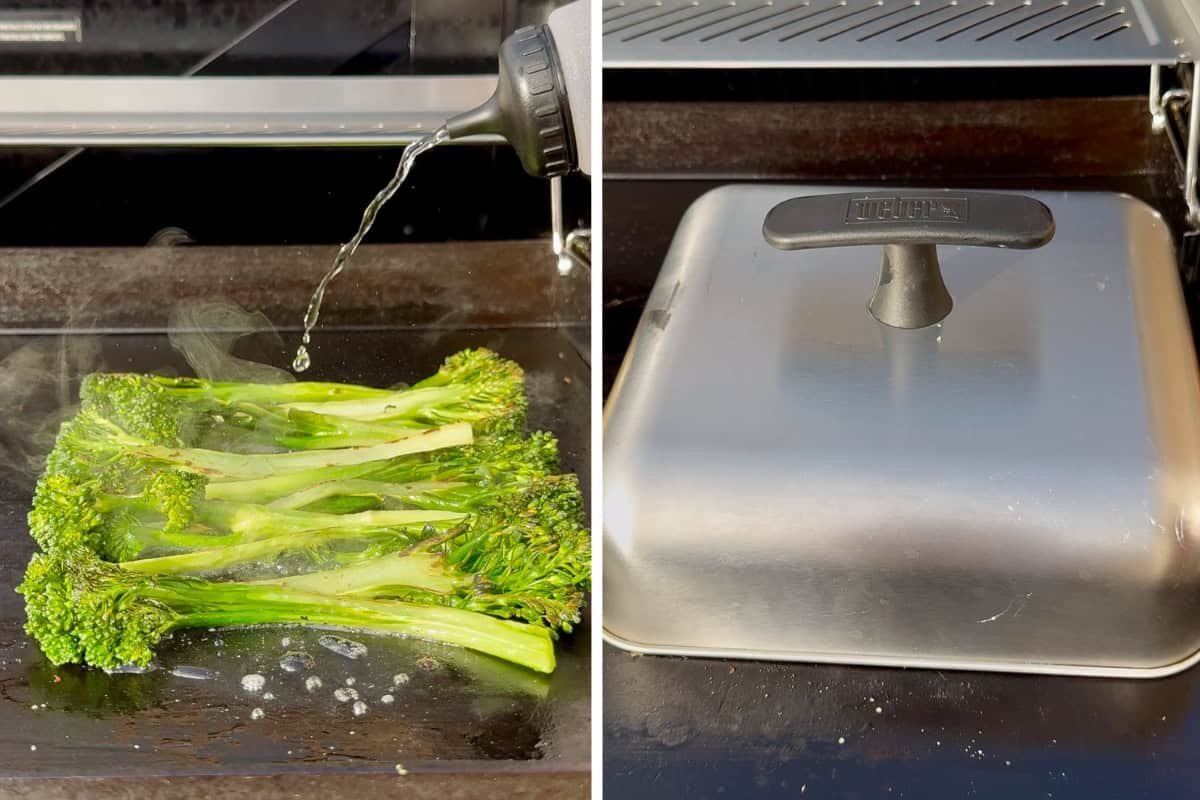 Pour water over the broccolini and cover with a basting dome.