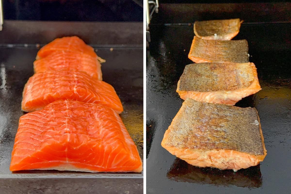 Four pieces of steelhead trout on a grill, skin side down, then flipped and cooked skin side up.