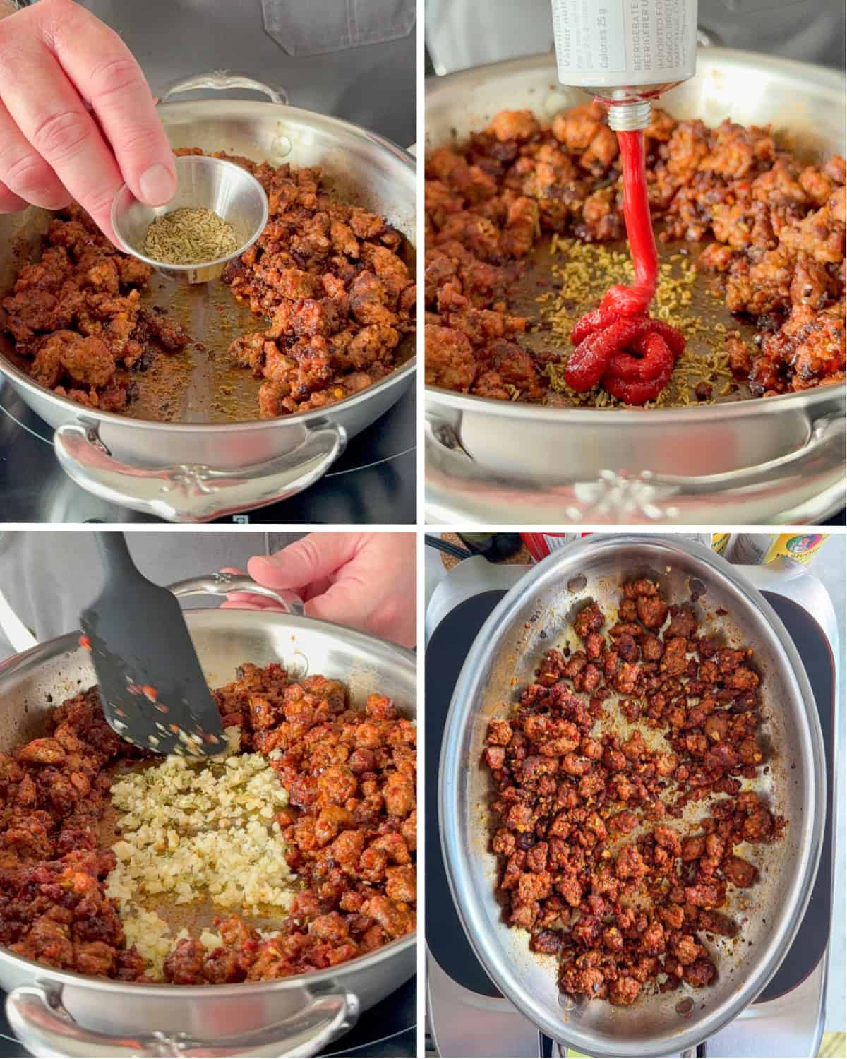 Clear a space in the browned sausage to bloom the fennel, tomato paste, garlic and oregano. Once bloomed, stir into the sausage mixture.