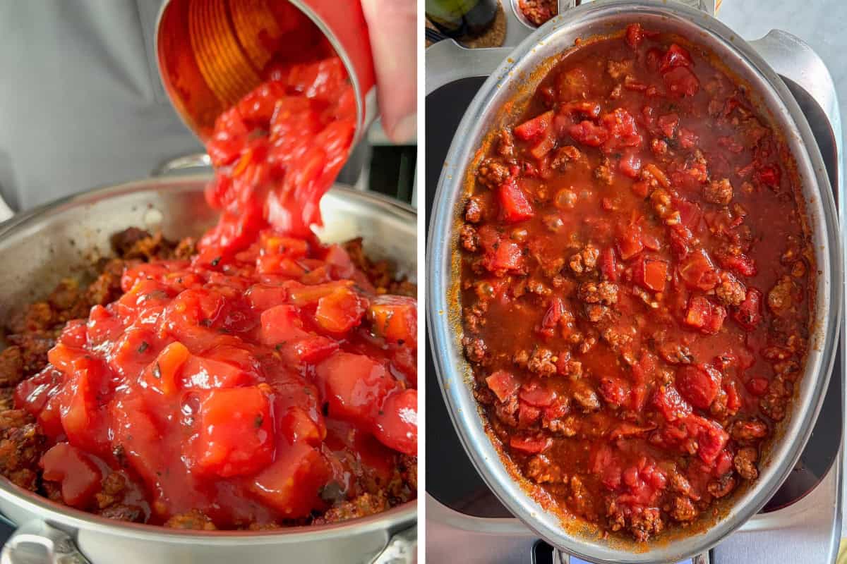 Add the crushed tomatoes to the skillet and simmer.