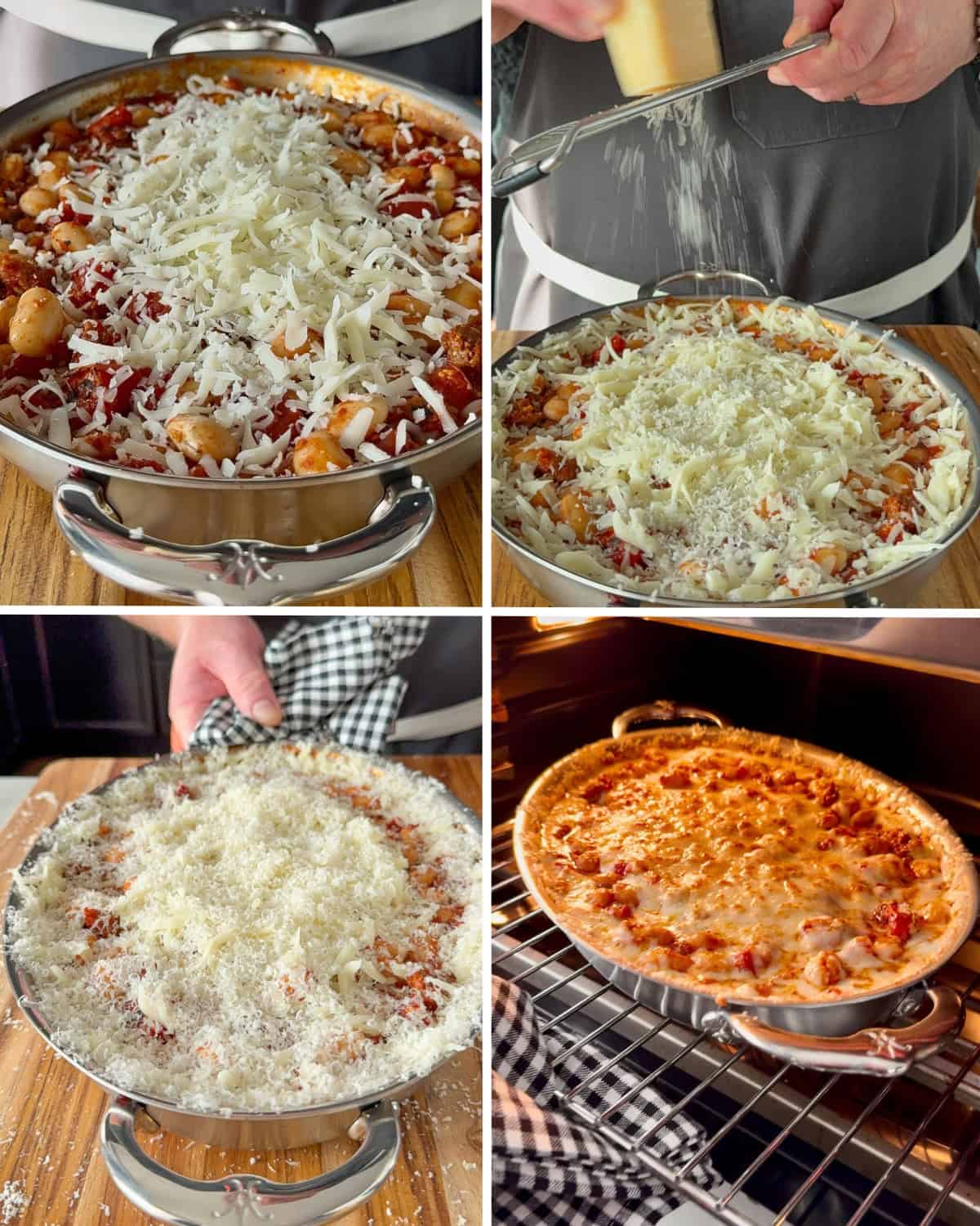 Grate the mozzarella and the Parmesan over the pizza beans skillet, then place into the oven to broil.