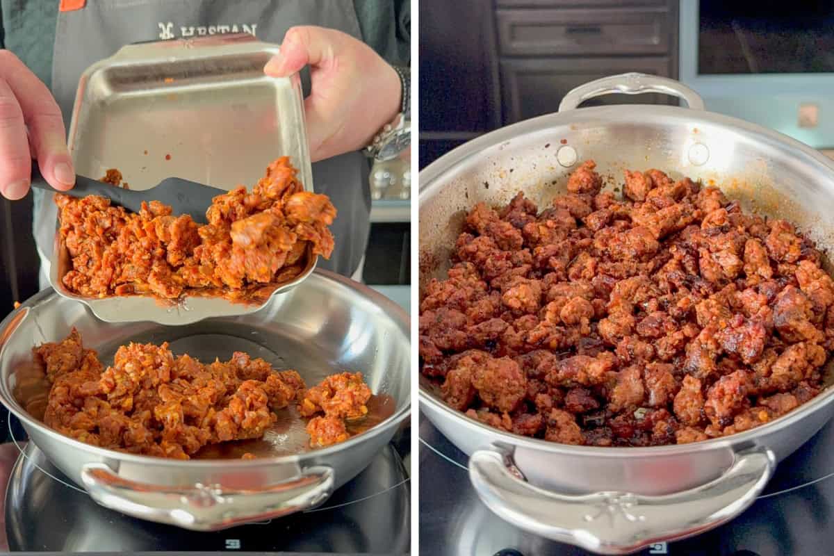 Add the sausage pieces to a skillet and stir until browned.
