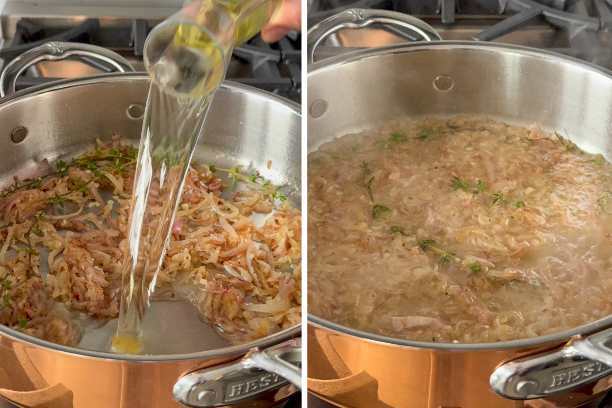 Deglaze the aromatics with white wine, then reduce it.