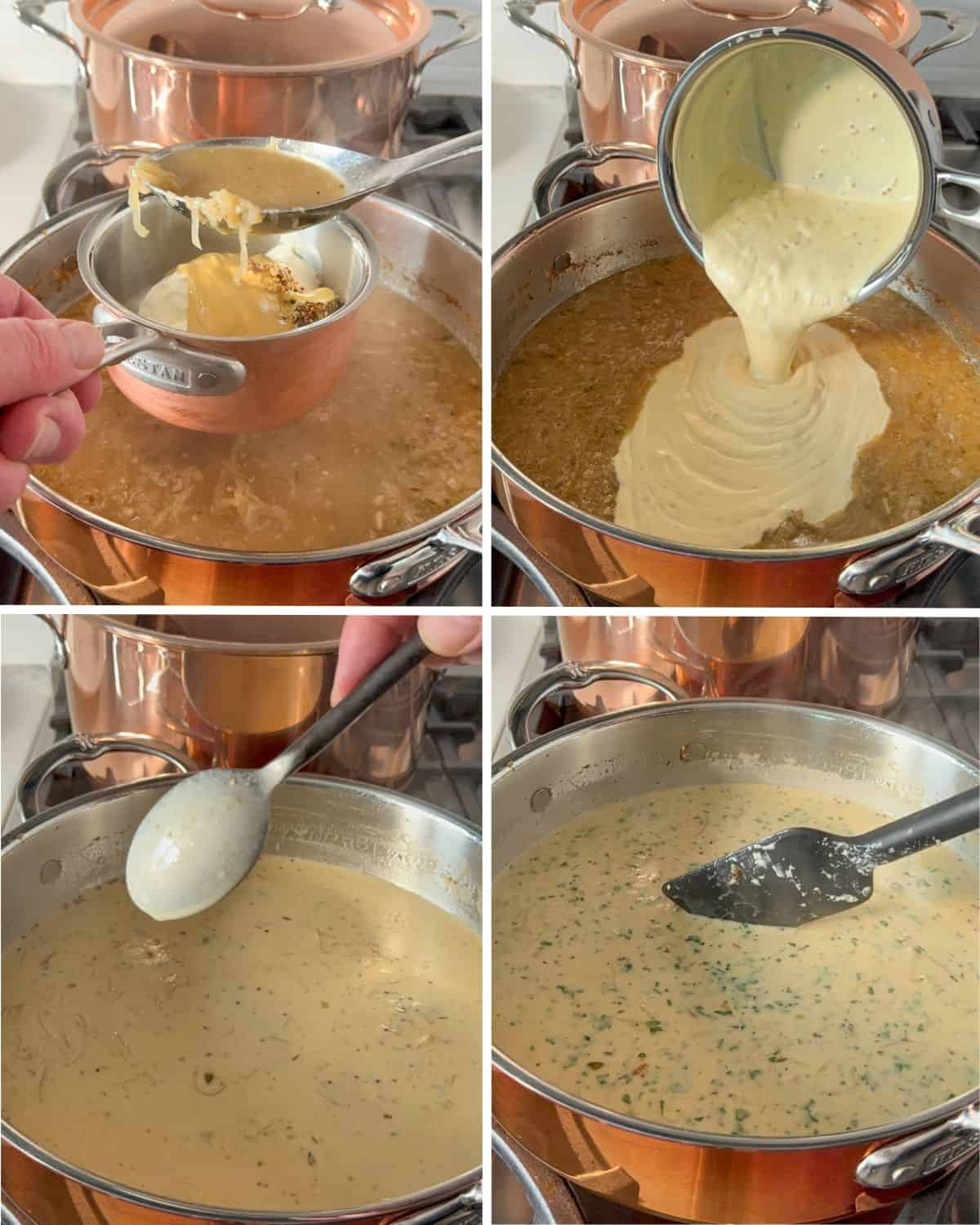 Finish the Poulet à la Moutarde sauce by tempering the crème fraîche and Dijon with the sauce. Add it to the sauce and stir. It should nicely coat the back of a spoon. Finish off the sauce with chopped parsley.