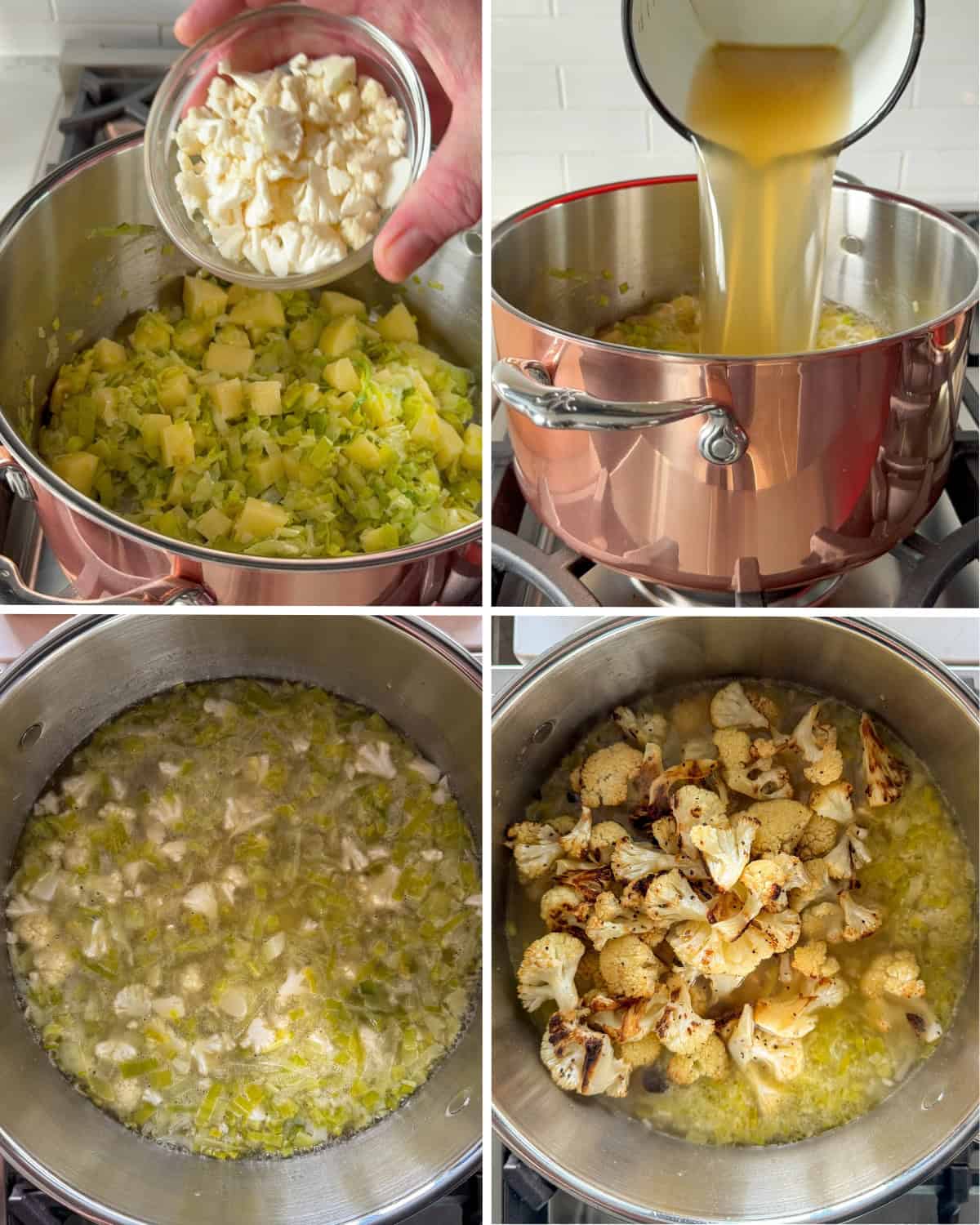 Add the potatoes, raw cauliflower bits and the stock to the pot. Bring to a simmer and add the roasted cauliflower to the pot.