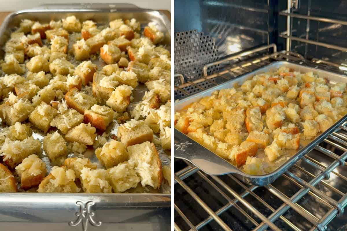 A sheet pan of sourdough croutons topped with grated cheese is then placed in the oven.