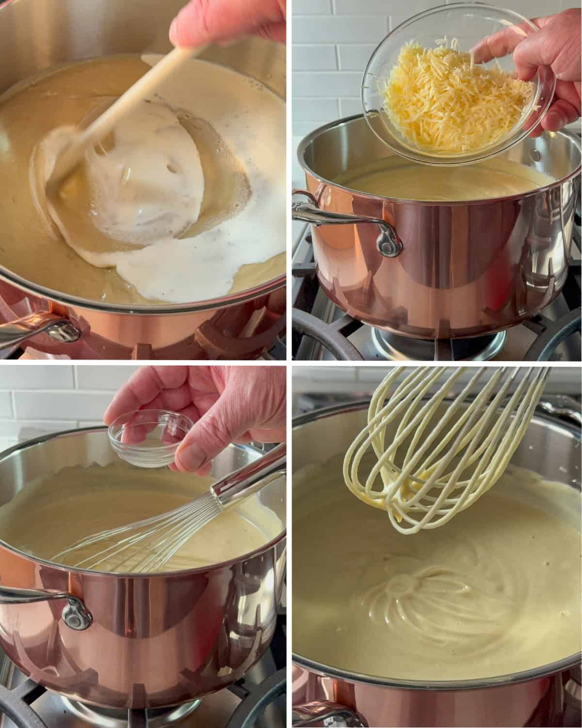 Finish off the roasted cauliflower leek soup with cream, cheese, Dijon, lemon juice and pepper.