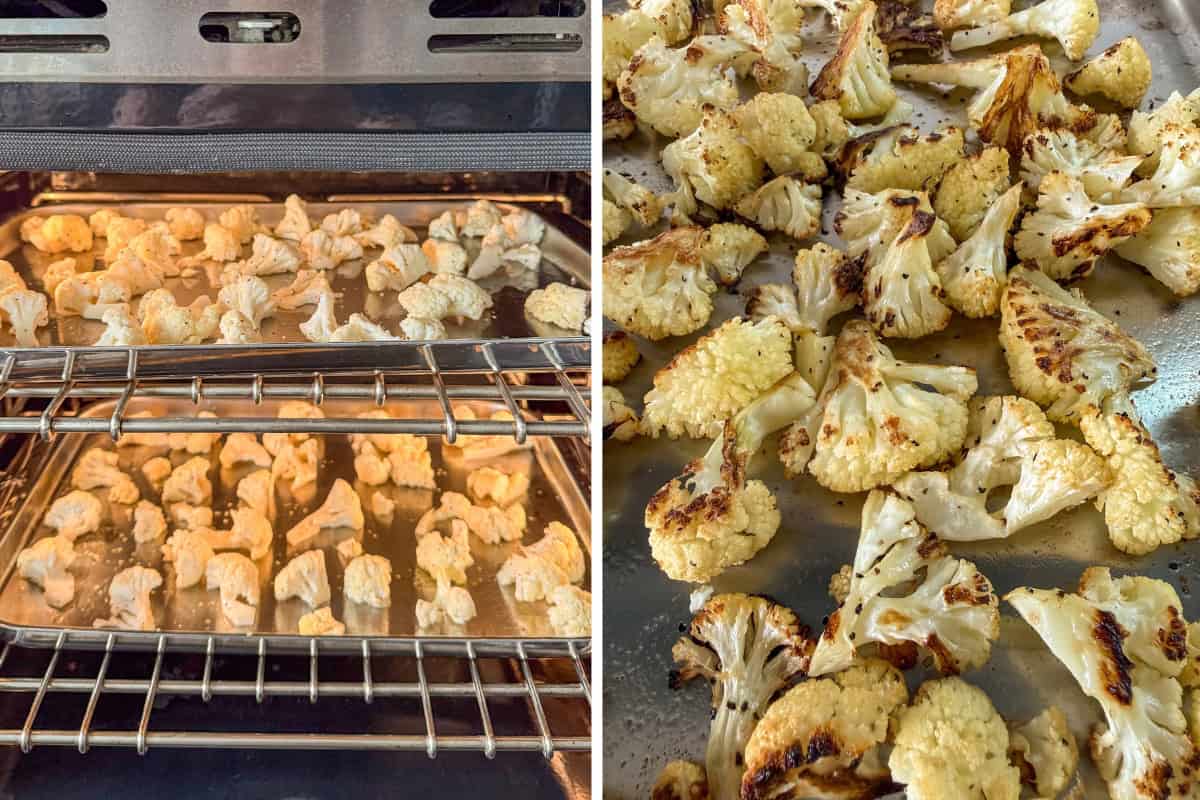 Roast the cauliflower florets in the oven on two sheet pans. Roast until golden-brown with caramelized edges.