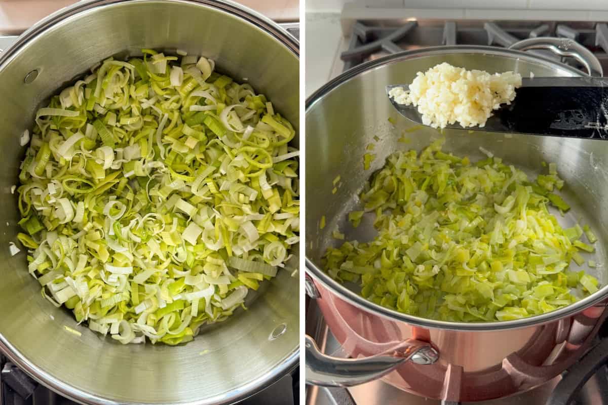 Sweat the finely chopped leeks in a pot until softened. Add the minced garlic to the pot.