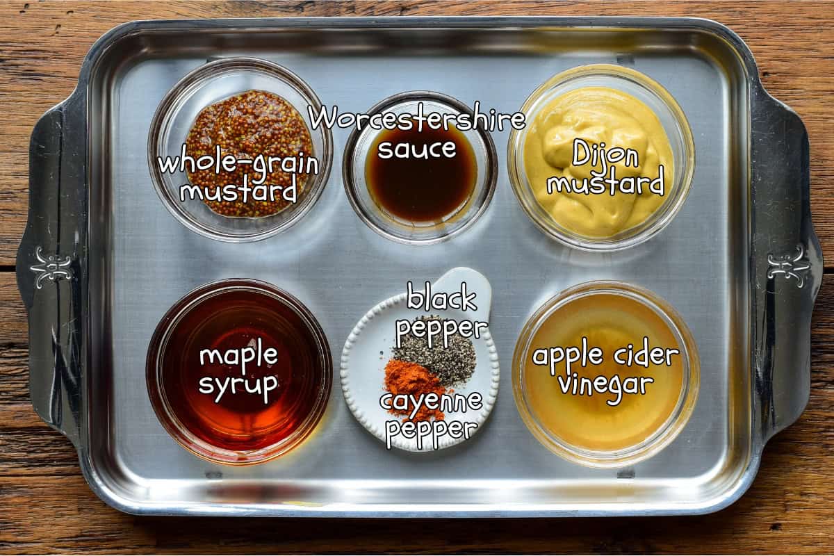 Ingredients on a tray for a maple mustard pulled pork sauce recipe.