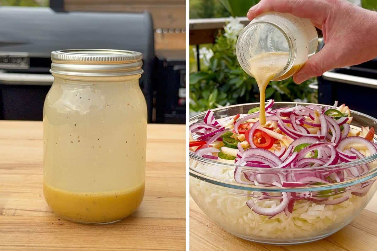 Pour the dressing over the apple slaw salad.