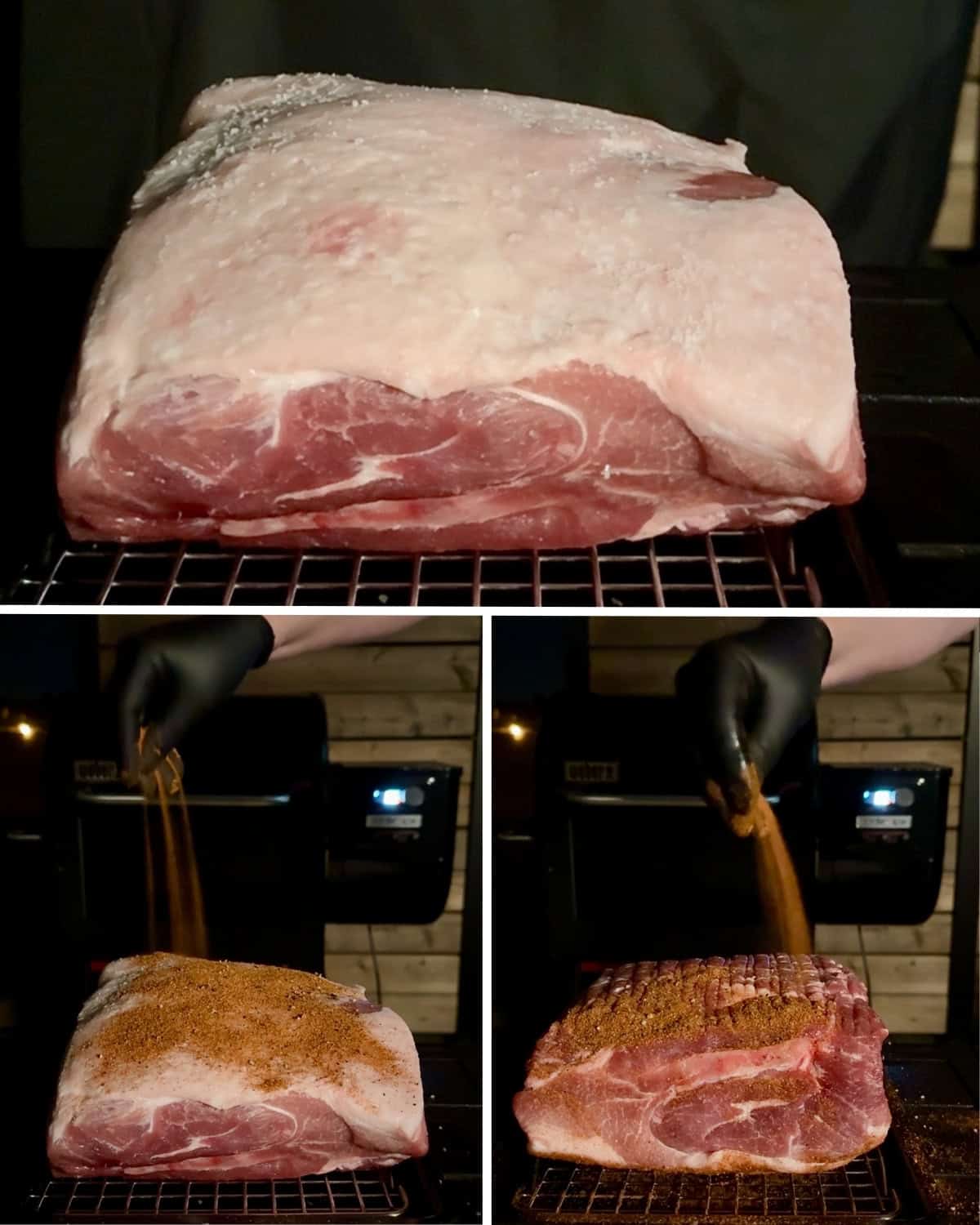 Sprinkle the dry rub on all sides of the pork shoulder.