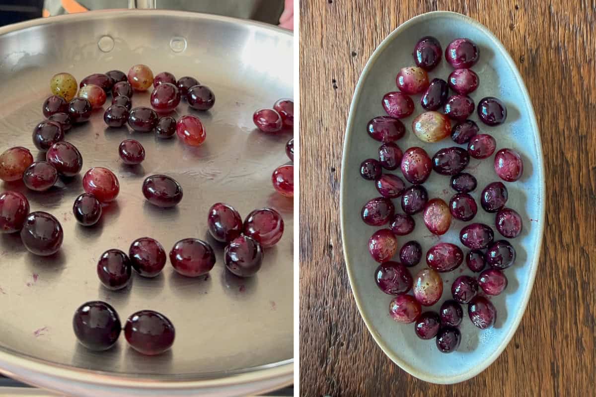 Blister the blue grapes in a pan, they place on a plate.